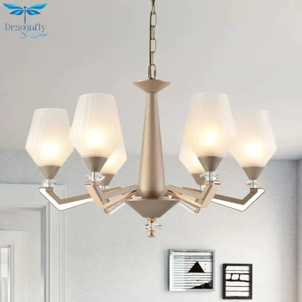 White Frosted Glass Cup Shape Chandelier Traditional 3/6 Bulbs Bedroom Pendulum Light In Gold