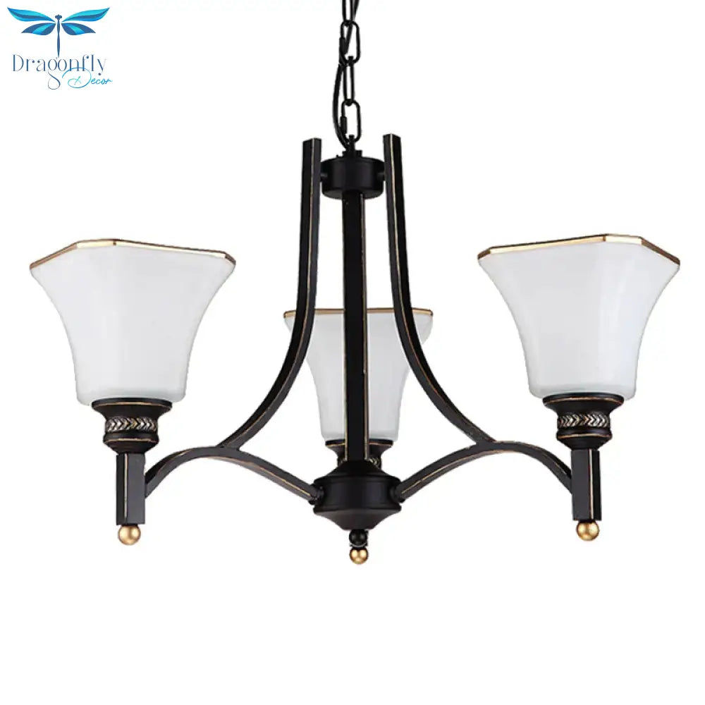 White Glass Bell Hanging Chandelier Traditional 3/6 Lights Living Room Pendant Light In Black