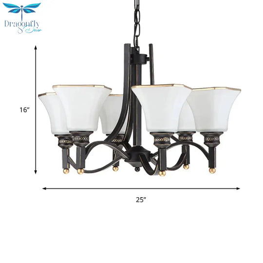 White Glass Bell Hanging Chandelier Traditional 3/6 Lights Living Room Pendant Light In Black