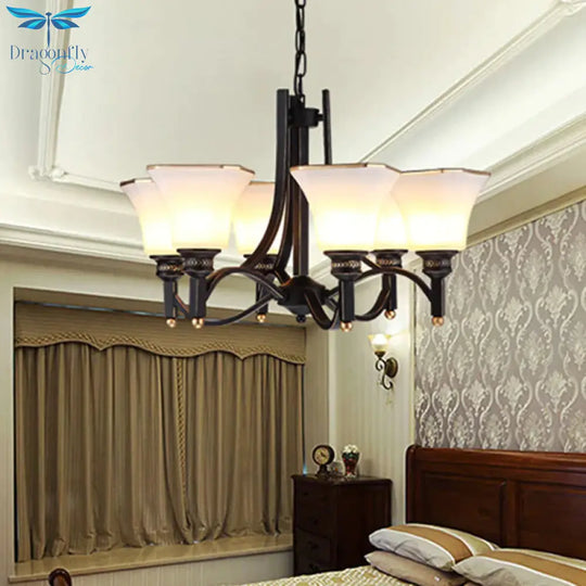 White Glass Bell Hanging Chandelier Traditional 3/6 Lights Living Room Pendant Light In Black