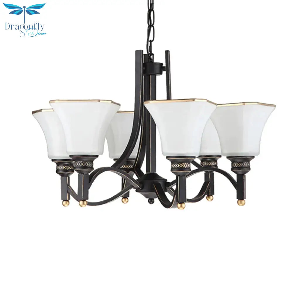 White Glass Bell Hanging Chandelier Traditional 3/6 Lights Living Room Pendant Light In Black