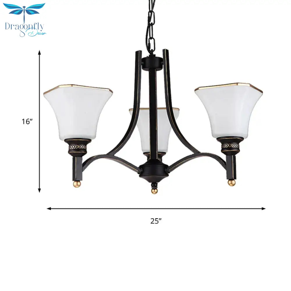 White Glass Bell Hanging Chandelier Traditional 3/6 Lights Living Room Pendant Light In Black