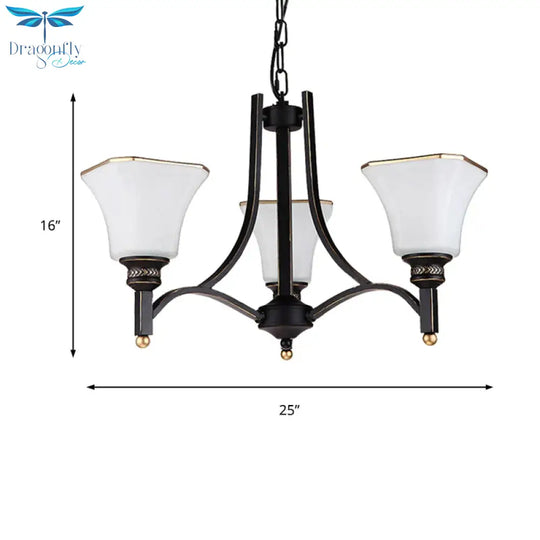 White Glass Bell Hanging Chandelier Traditional 3/6 Lights Living Room Pendant Light In Black
