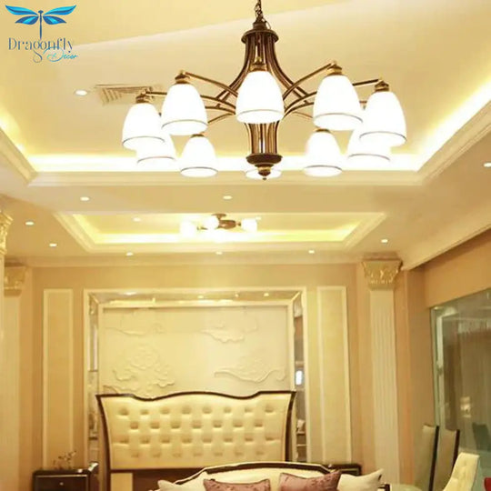 White Glass Black Pendant Lamp Tapered 10 Lights Traditional Chandelier Light Fixture For Living