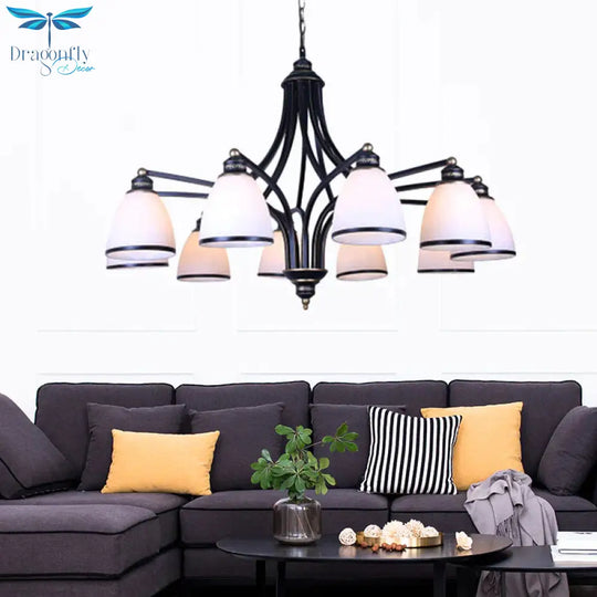 White Glass Black Pendant Lamp Tapered 10 Lights Traditional Chandelier Light Fixture For Living