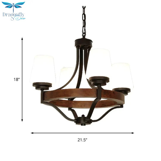 White Glass Cone Ceiling Light Fixture Rustic 4 Lights Dining Chandelier With Wooden Ring In Black