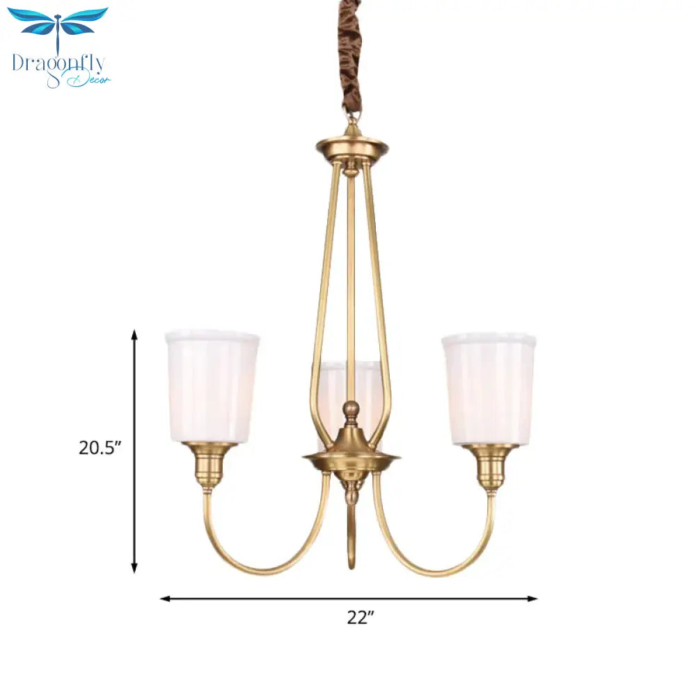 White Glass Cylinder Chandelier Light Colonialism 3/5 Lights Bedroom Pendant Lighting Fixture In