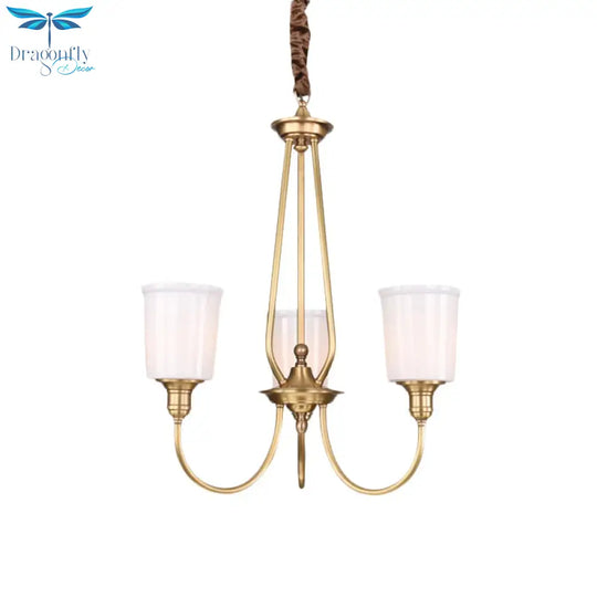 White Glass Cylinder Chandelier Light Colonialism 3/5 Lights Bedroom Pendant Lighting Fixture In