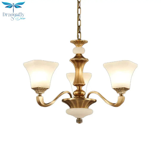 White Glass Pagoda Up Chandelier Traditional 3/6 - Head Bedroom Hanging Pendant Light In Brass