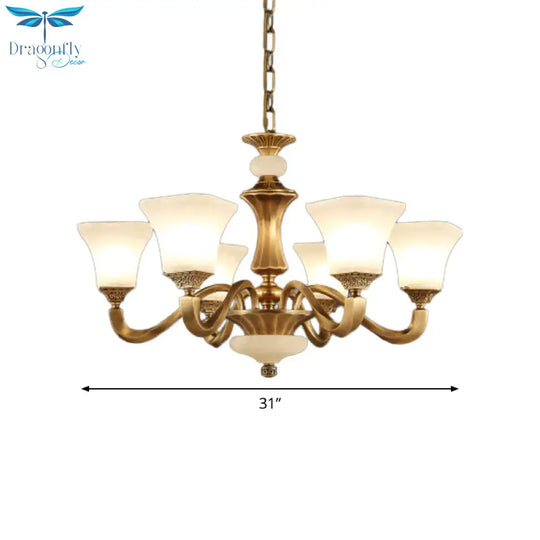 White Glass Pagoda Up Chandelier Traditional 3/6 - Head Bedroom Hanging Pendant Light In Brass
