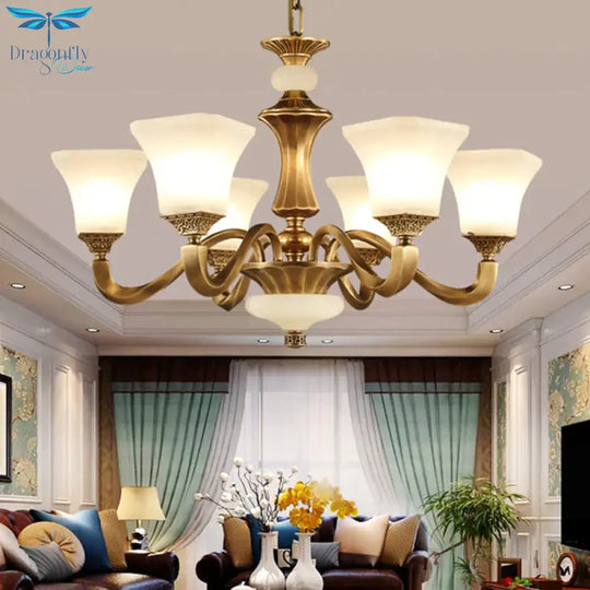 White Glass Pagoda Up Chandelier Traditional 3/6 - Head Bedroom Hanging Pendant Light In Brass