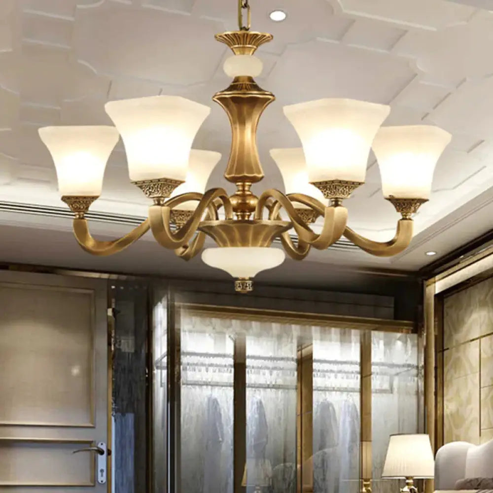 White Glass Pagoda Up Chandelier Traditional 3/6 - Head Bedroom Hanging Pendant Light In Brass 6 /