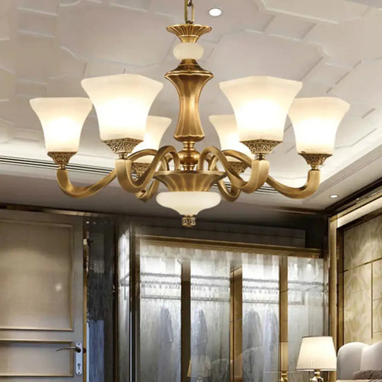 White Glass Pagoda Up Chandelier Traditional 3/6 - Head Bedroom Hanging Pendant Light In Brass 6 /