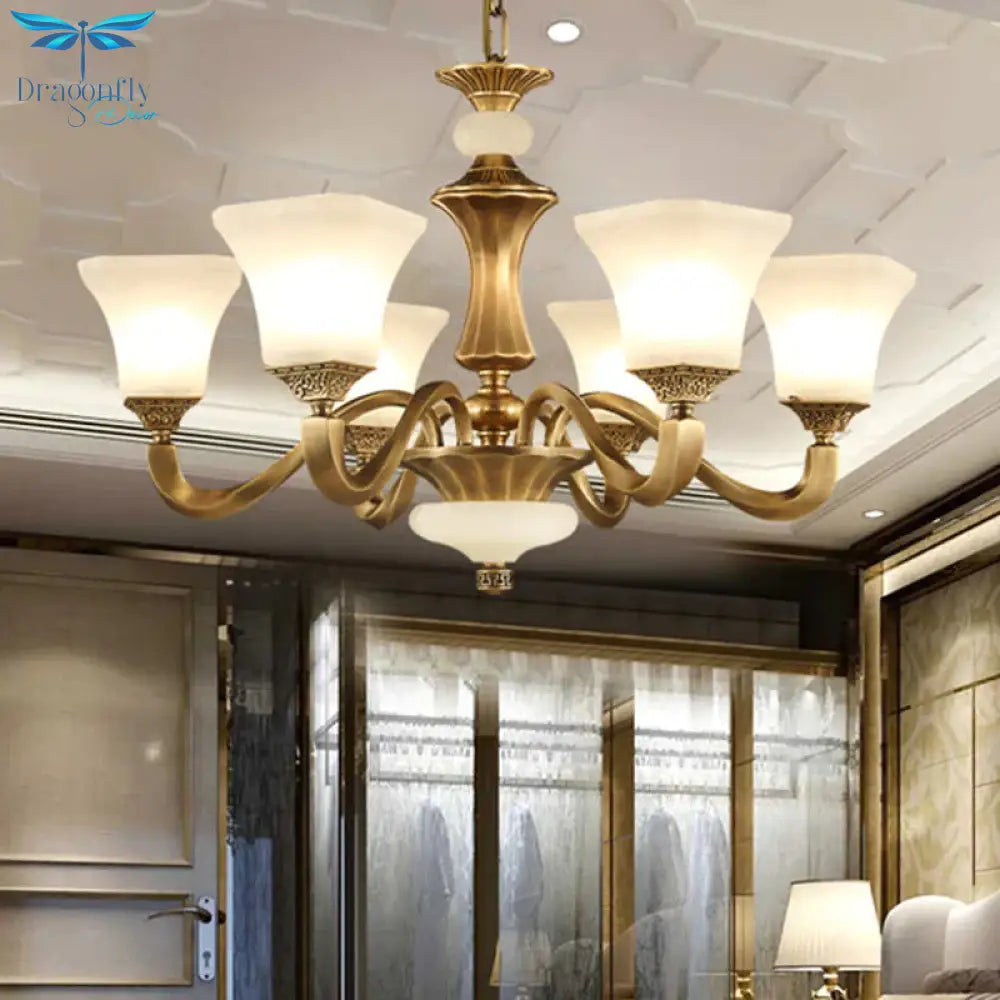 White Glass Pagoda Up Chandelier Traditional 3/6 - Head Bedroom Hanging Pendant Light In Brass