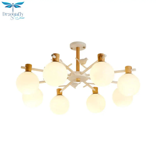 White Glass Sphere Hanging Chandelier Asian 6/8 Bulbs Pendant Lighting Fixture With Bird