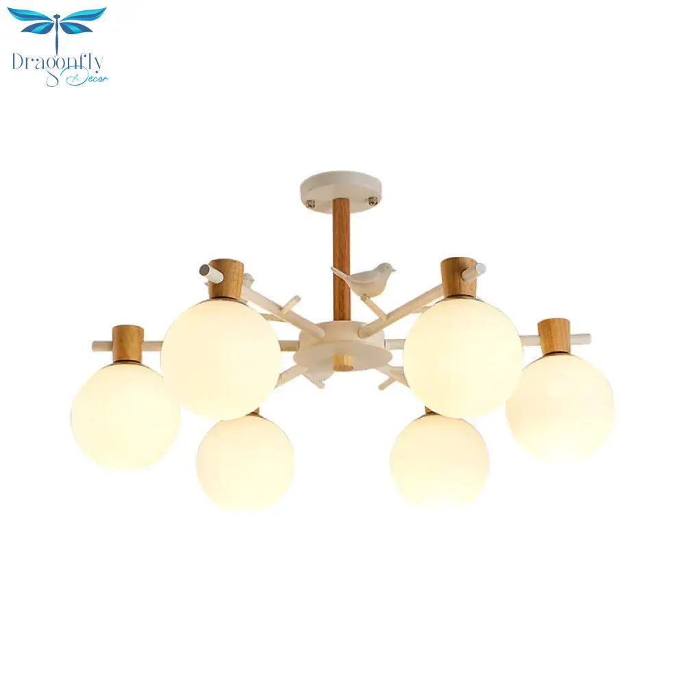 White Glass Sphere Hanging Chandelier Asian 6/8 Bulbs Pendant Lighting Fixture With Bird