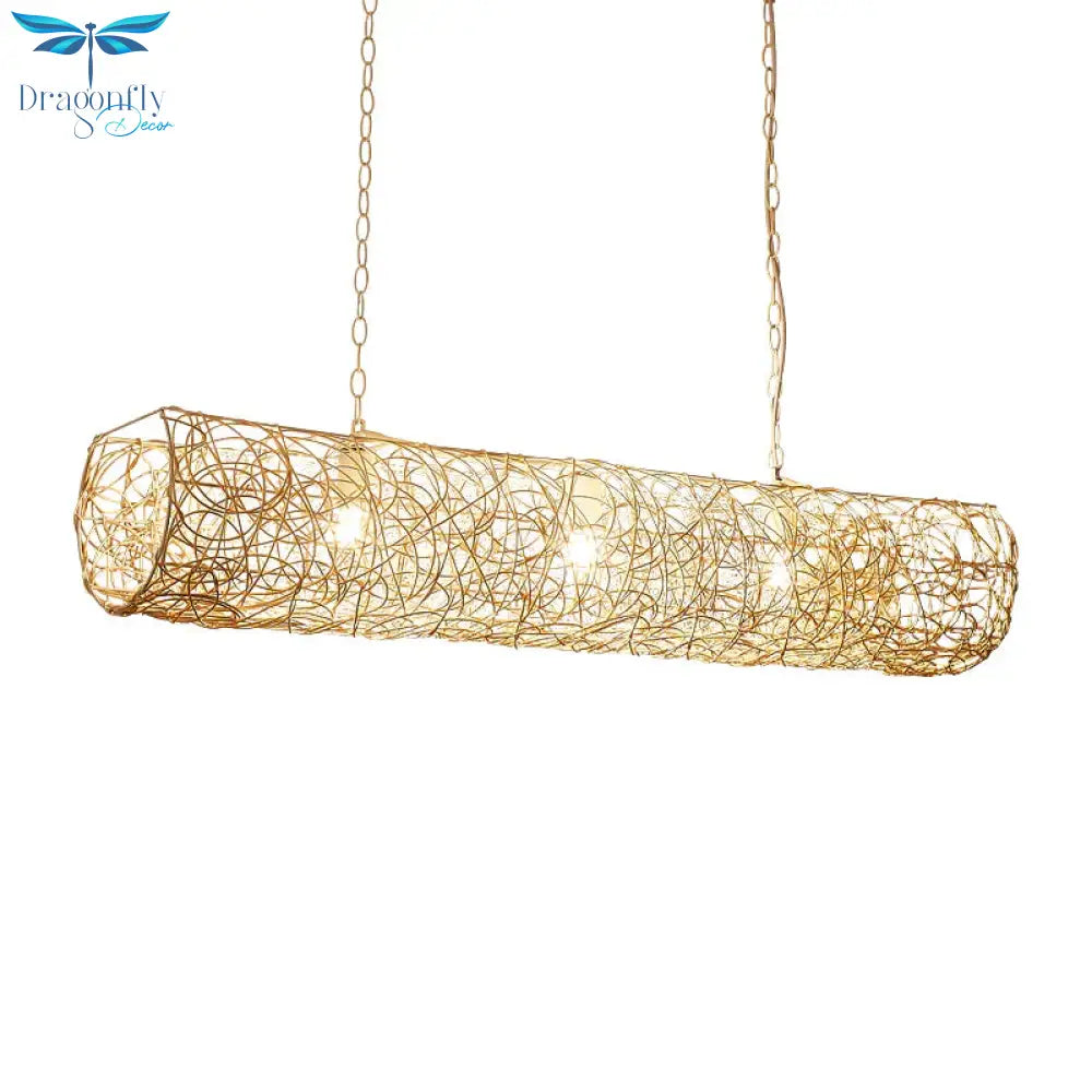 White Piping Horizontal Suspension Light Contemporary 3 - Light Bamboo Rattan Chandelier Pendant