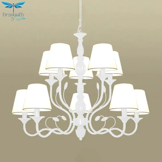 White Tapered Chandelier Lamp Traditionary Fabric 10/12/16 Bulbs Bedroom Pendant Light Fixture With