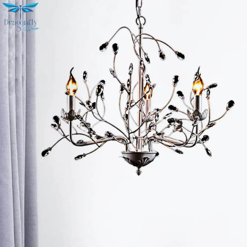 White Twig Pendant Light 3 - Light Creative Metal Chandelier With Crystal Bud For Kindergarten
