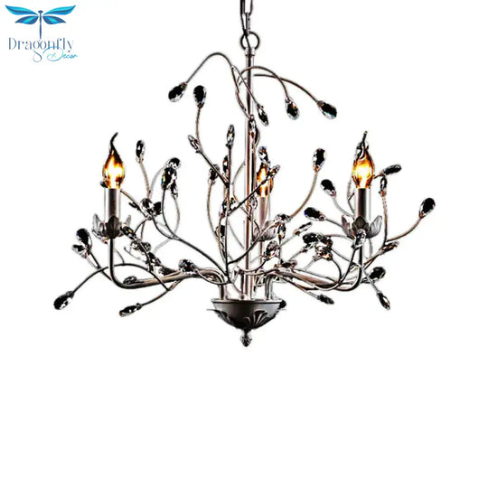 White Twig Pendant Light 3 - Light Creative Metal Chandelier With Crystal Bud For Kindergarten