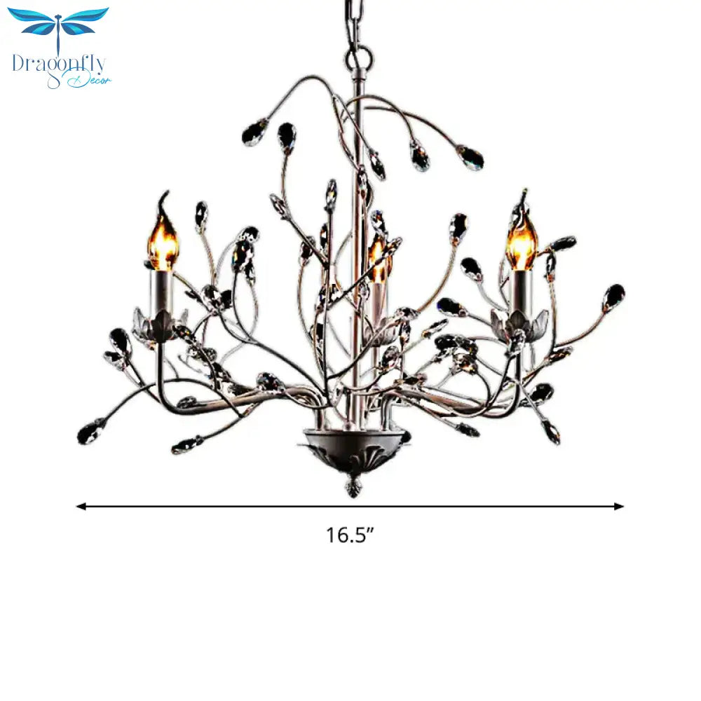 White Twig Pendant Light 3 - Light Creative Metal Chandelier With Crystal Bud For Kindergarten