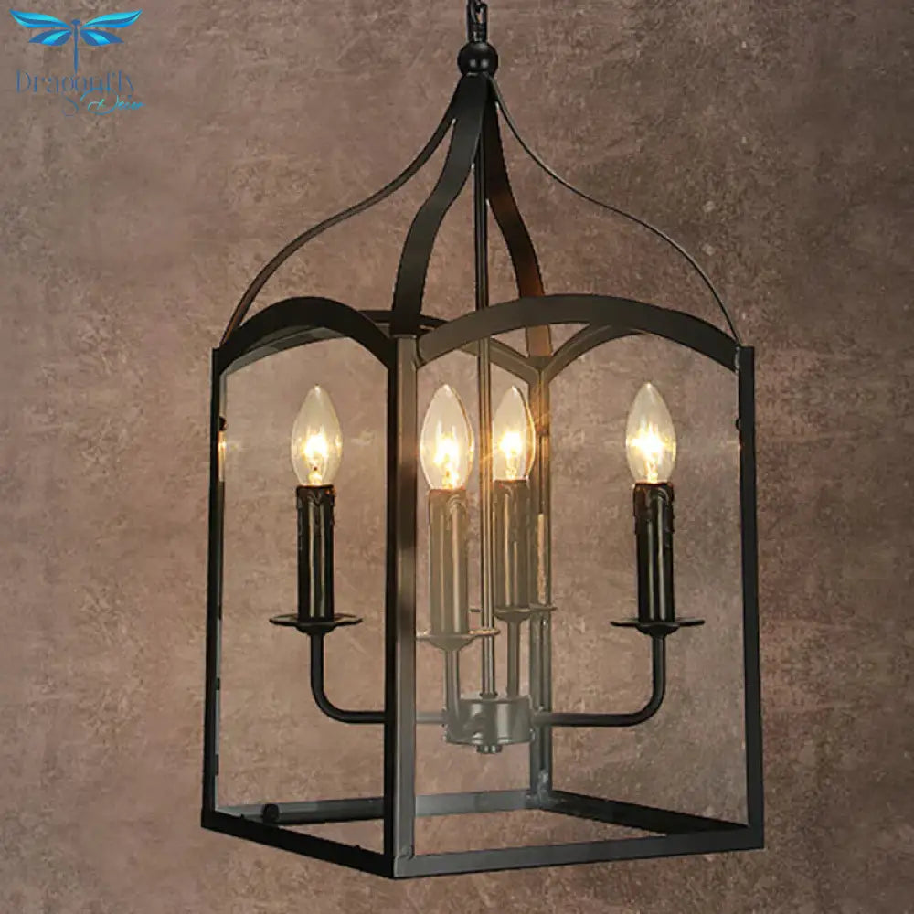 Wire Cage Indoor Chandelier Pendant Light Industrial Style Metal 4 Heads Black Hanging Lamp With