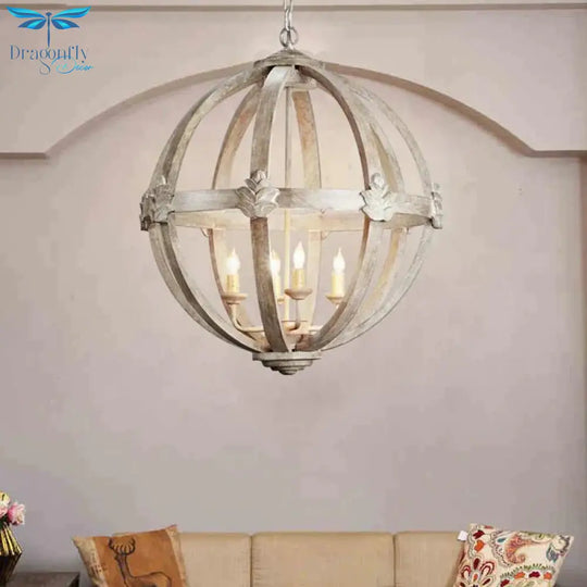 Wood Ball Chandelier Lamp Nordic 4 Bulbs Distressed White Pendant Lighting Fixture With Adjustable