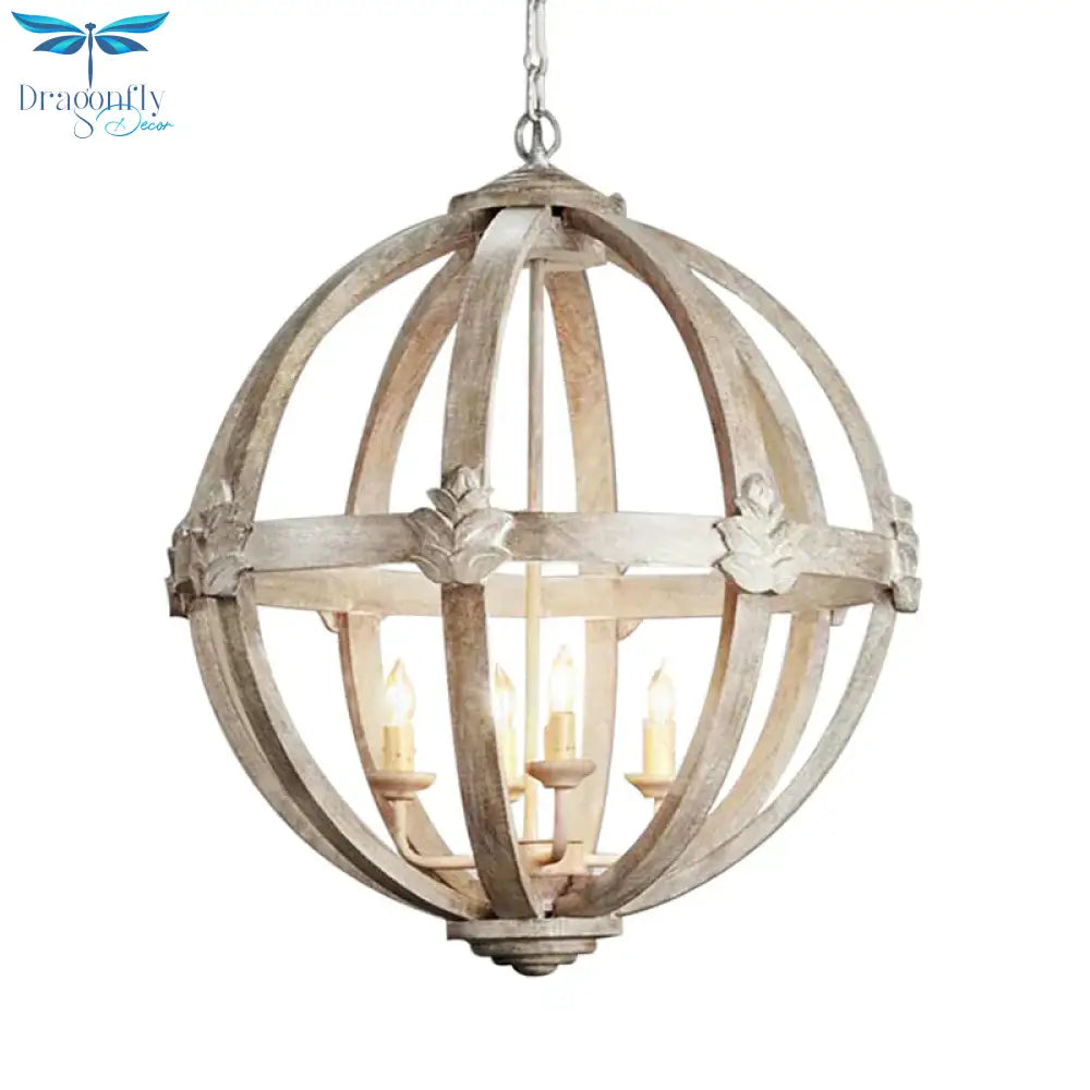 Wood Ball Chandelier Lamp Nordic 4 Bulbs Distressed White Pendant Lighting Fixture With Adjustable