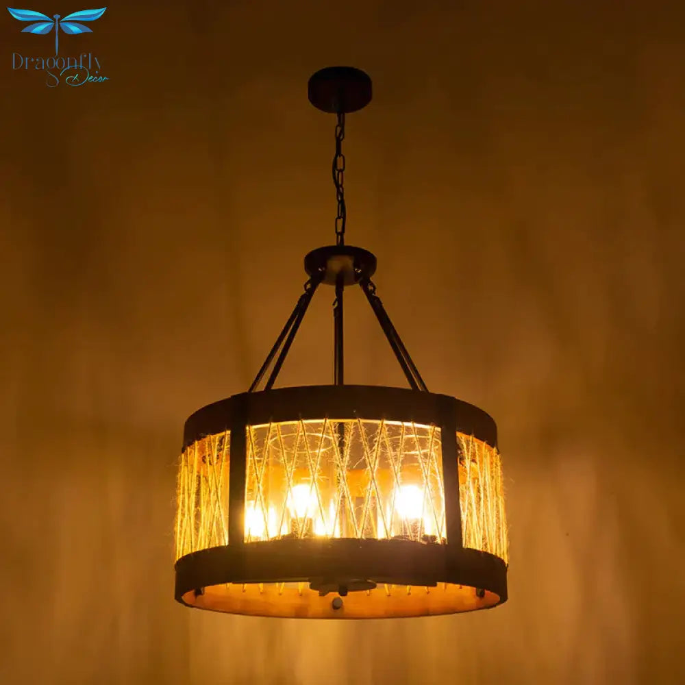 Wood Drum Chandelier Lamp Farmhouse 5 - Head Living Room Pendant Ceiling Light In Brown