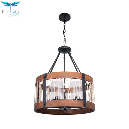 Wood Drum Chandelier Lamp Farmhouse 5 - Head Living Room Pendant Ceiling Light In Brown