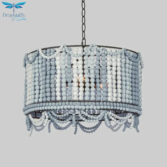 Wood Drum Chandelier Lamp Retro 3 Bulbs White/Pink/Blue Pendant Lighting Fixture With Adjustable