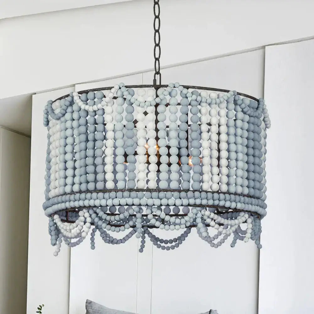 Wood Drum Chandelier Lamp Retro 3 Bulbs White/Pink/Blue Pendant Lighting Fixture With Adjustable