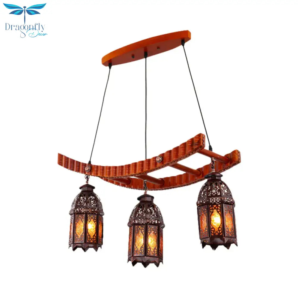 Wood Lantern Pendant Chandelier Arab Metal 3 Bulbs Dining Room Ceiling Suspension Lamp