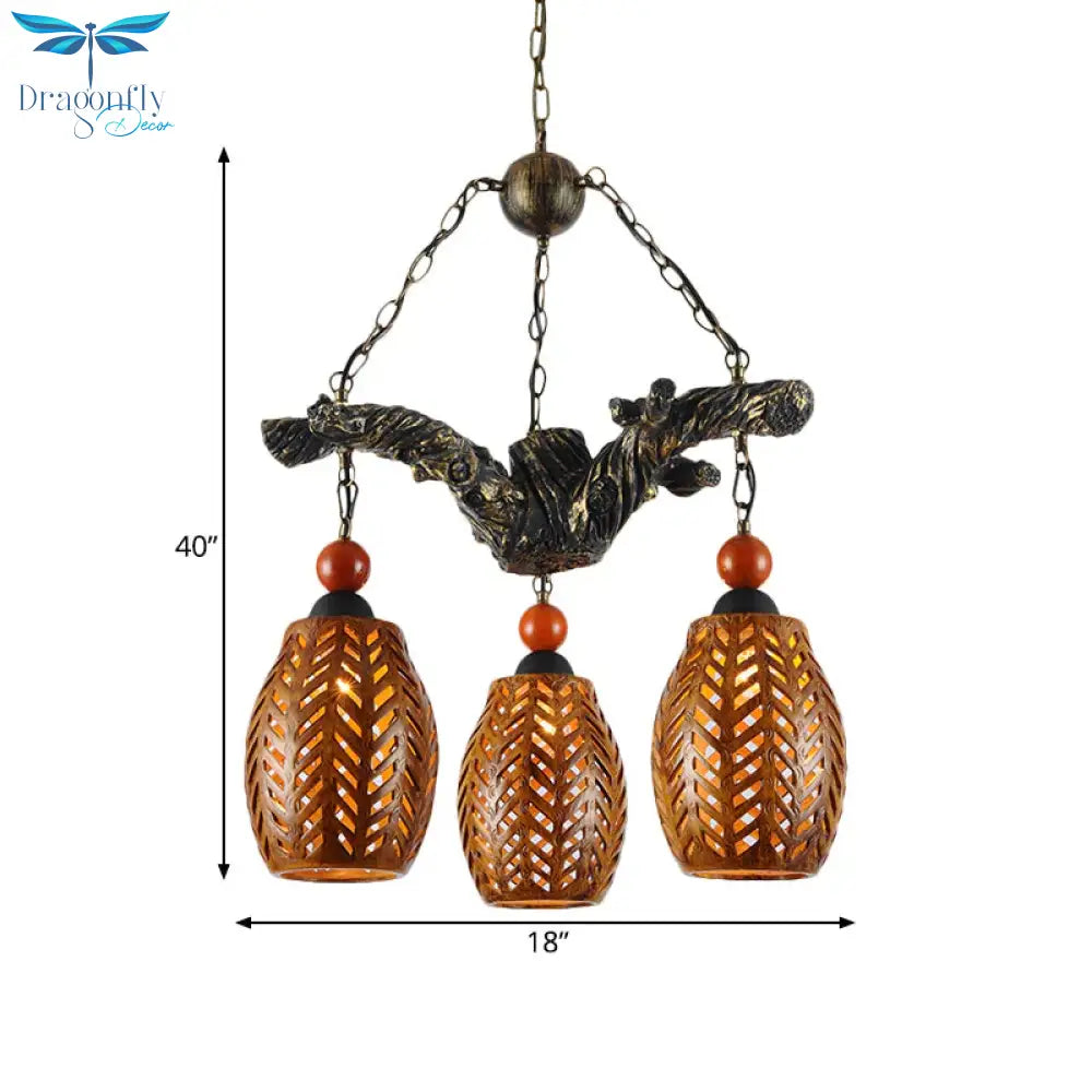 Wood Pendant Light Fixture In Brown With Resin Branch Beam 3 Heads Chandelier Lamp