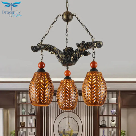Wood Pendant Light Fixture In Brown With Resin Branch Beam 3 Heads Chandelier Lamp