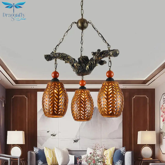 Wood Pendant Light Fixture In Brown With Resin Branch Beam 3 Heads Chandelier Lamp