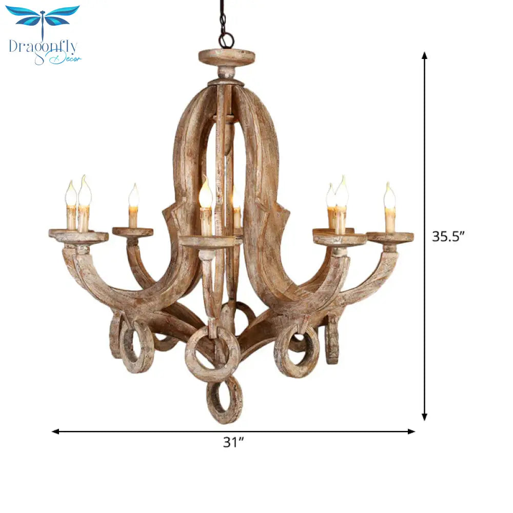 Wood Sputnik Chandelier Lamp Retro 6/8 Bulbs Brown Pendant Lighting Fixture With Adjustable Chain