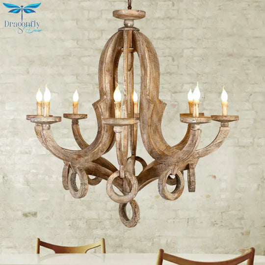 Wood Sputnik Chandelier Lamp Retro 6/8 Bulbs Brown Pendant Lighting Fixture With Adjustable Chain