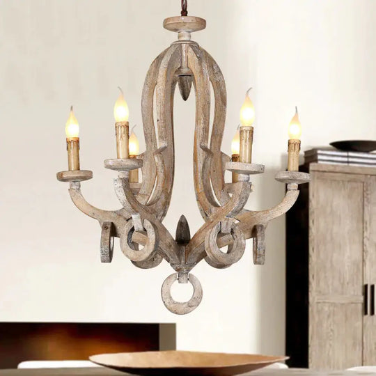 Wood Sputnik Chandelier Lamp Retro 6/8 Bulbs Brown Pendant Lighting Fixture With Adjustable Chain 6