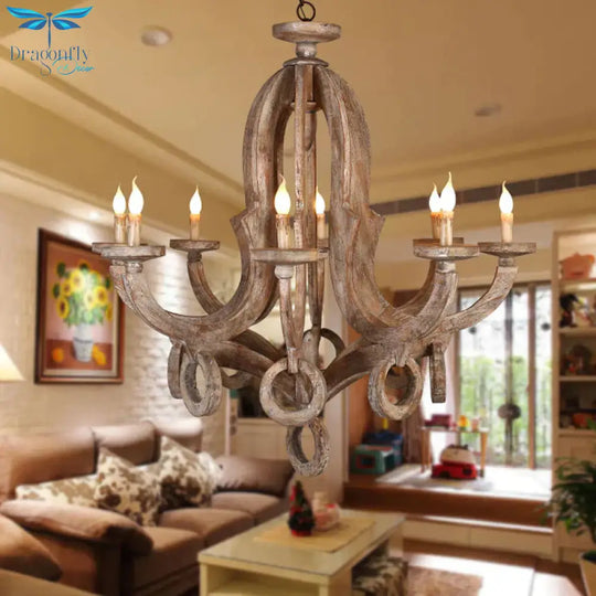 Wood Sputnik Chandelier Lamp Retro 6/8 Bulbs Brown Pendant Lighting Fixture With Adjustable Chain