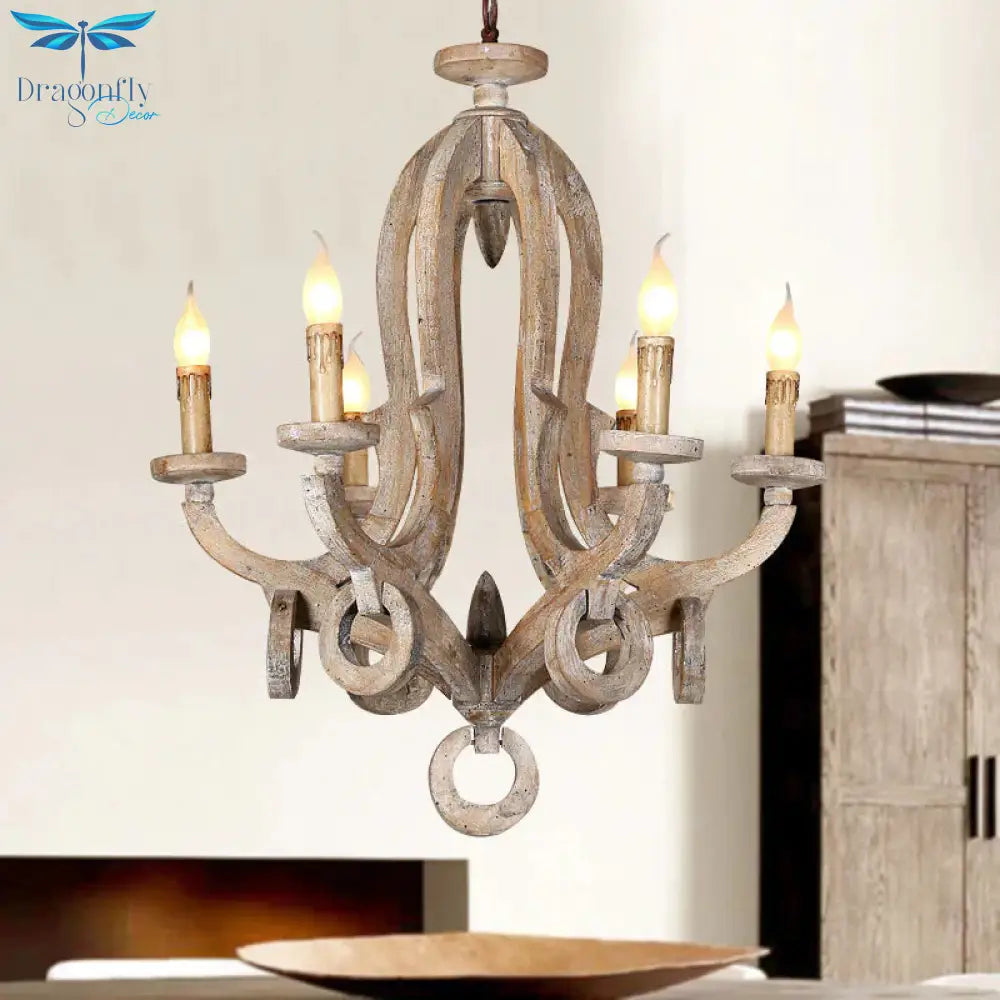 Wood Sputnik Chandelier Lamp Retro 6/8 Bulbs Brown Pendant Lighting Fixture With Adjustable Chain