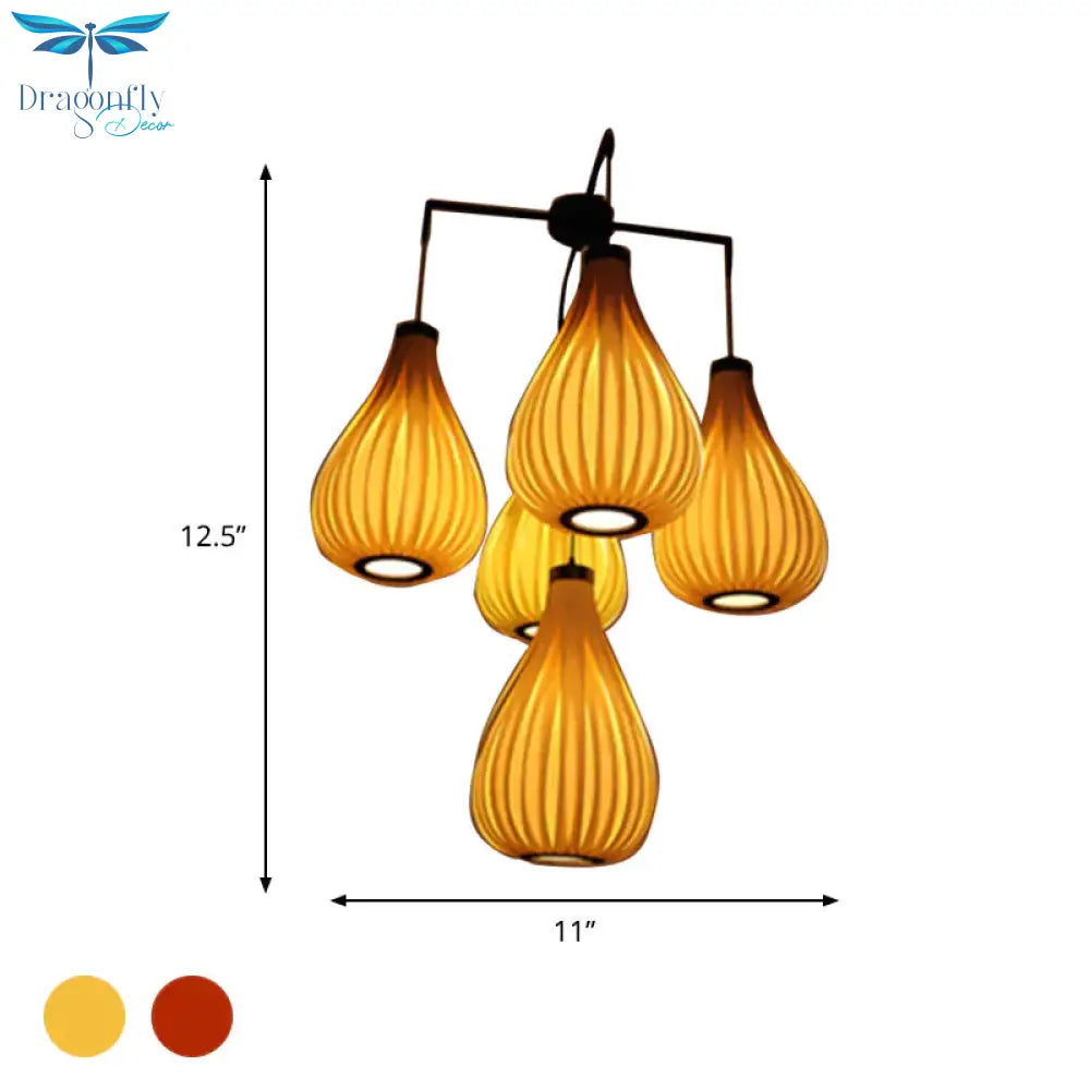Wood Veneer Teardrop Pendant Light Asian Style 5 - Light Brown/Dark Brown Hanging Fixture For