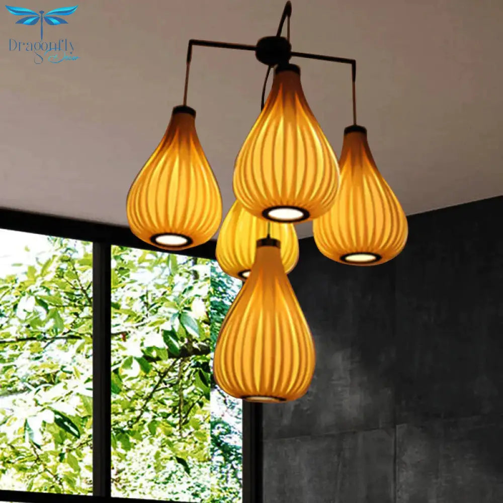 Wood Veneer Teardrop Pendant Light Asian Style 5 - Light Brown/Dark Brown Hanging Fixture For