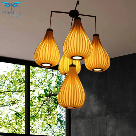 Wood Veneer Teardrop Pendant Light Asian Style 5 - Light Brown/Dark Brown Hanging Fixture For