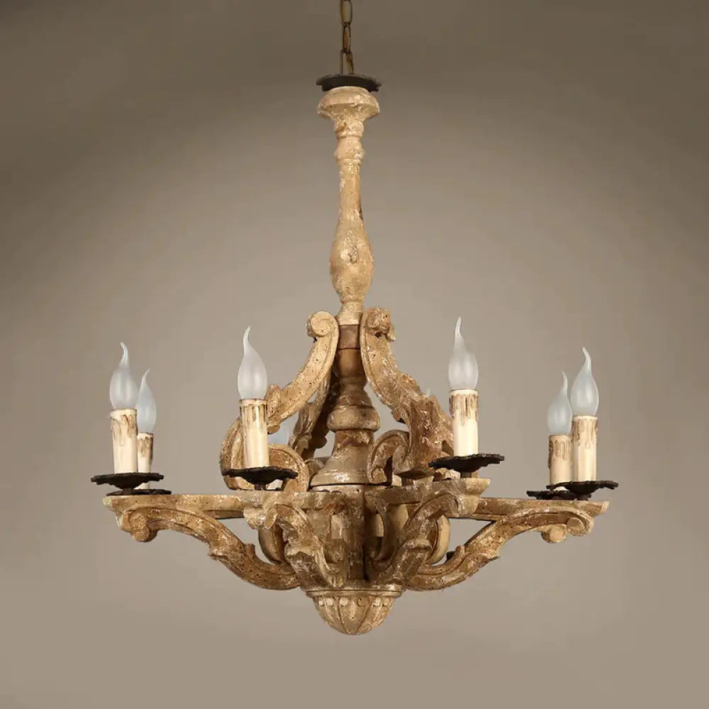 Wooden Candle Chandelier Lamp Rustic 8 - Head Restaurant Pendant Ceiling Light In Distressed White