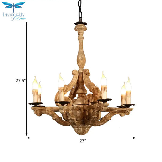 Wooden Candle Chandelier Lamp Rustic 8 - Head Restaurant Pendant Ceiling Light In Distressed White