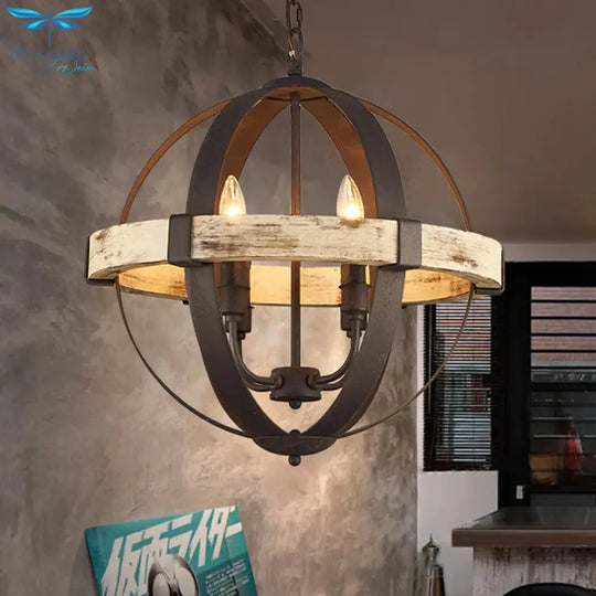 Wooden Global Chandelier Lamp Rural 4 - Head Living Room Pendant Ceiling Light In Brown