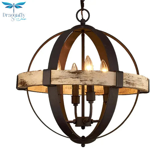 Wooden Global Chandelier Lamp Rural 4 - Head Living Room Pendant Ceiling Light In Brown
