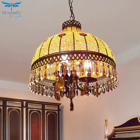 Yellow 3 Lights Hanging Chandelier Southeast Asian Style Crystal Drop Dome Ceiling Light