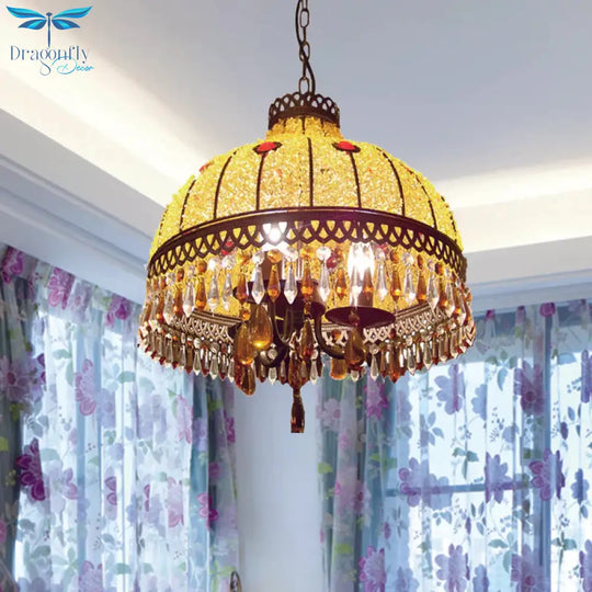 Yellow 3 Lights Hanging Chandelier Southeast Asian Style Crystal Drop Dome Ceiling Light